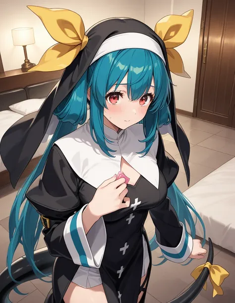 (​masterpiece, top-quality, hight resolution, Unity 8k, extremely details CG:1,Best Picture), Dizzy (guilty gear), red eyes, blue hair, long hair, hair ribbon, tail, hotel room, ((nun's clothes)), Woman with unopened condom, expression of compassionate mot...