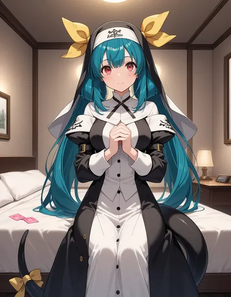 (​masterpiece, top-quality, hight resolution, Unity 8k, extremely details CG:1,Best Picture), Dizzy (guilty gear), red eyes, blue hair, long hair, hair ribbon, tail, hotel room, ((nun's clothes)), Woman with unopened condom, expression of compassionate mot...