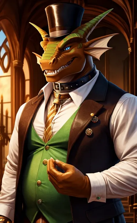 Solo, Male, close up, fat, musclegut, obese, steampunk, 1920s gentleman, dapper Shenron, tilting head down, blue eyes, wearing a big leather collar around his neck, (soft shading), 4k, hi res, ((detailed face, detailed)), looking at viewer, evil grin, coll...