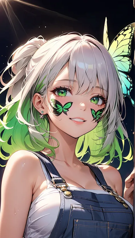 saliva、fear、 Mouth、 Fear、  A gentle smile 、 Apprentice Witch 、 Nightmare  、 Little Demon 、((  overall air bright clean   、 transparent clear green gradient and dark gradient butterfly pattern :1.4)、(   overall air bright clean   、  transparent clear gradie...