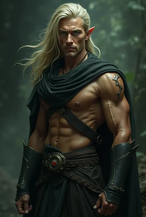 A tanned elf,  green eyes,  blond hair, Height of one meter and eighty centimeters, Who has a lightning scar on his right arm, and wears a hood and dark armor