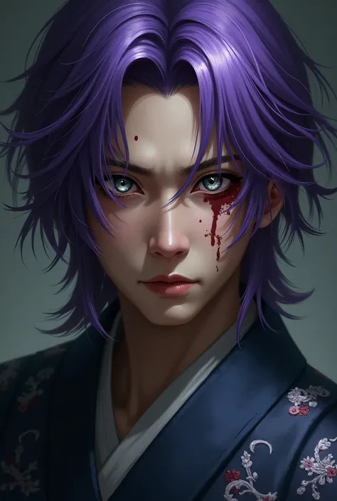 Purple-haired man,  silver eyes and an old scar on the right eye, made by a blade . Asian descent and with Japanese-style clothing.