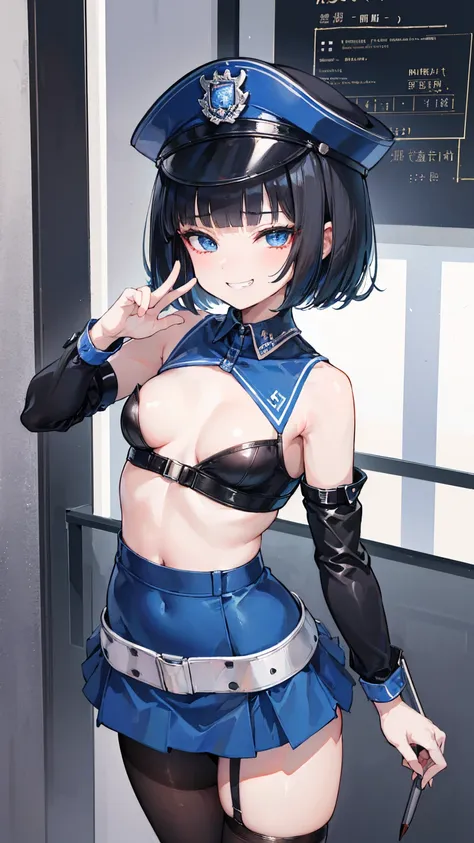 (8K、Highest image quality、highest quality、masterpiece)、detailed face、((one ))、black hair、bob cut、blunt bangs、light blue eyes、evil smile、((grin))、((small breasts))、police hat、((policewoman))、((pencil mini skirt))、black pantyhose、cowboy shot、salute、Urban bac...