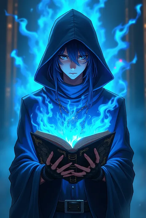 A wizard, anime character wearing cyberpunk clothing with a mysterious facial expression covered in blue flames showing off a dark book of magic 