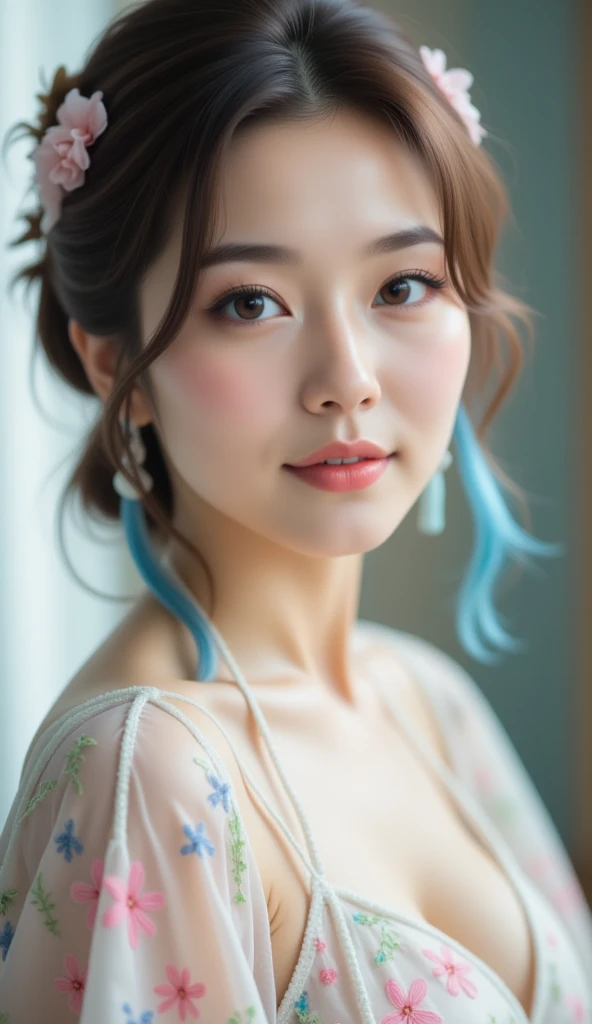 32k, Masterpiece, Top Quality, (Korea's Beautiful Women) soft lighting, floral dress, pastel colors, hair accessories, blue hair streak, vintage style, porcelain skin, dreamy atmosphere, oil painting aesthetic, romantic, ethereal, detailed, high fashion, s...