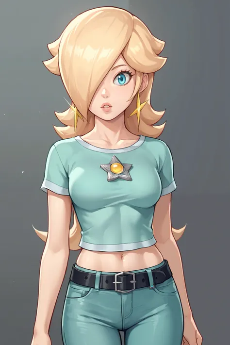 score_9, score_8_up, score_7_up, source_anime, rosalina, blonde hair, blue eyes, hair over one eye, long hair, star earrings, solo, cowboy shot, black t-shirt, taut clothes, tight shirt, midriff, navel, jeans, black belt, parted lips