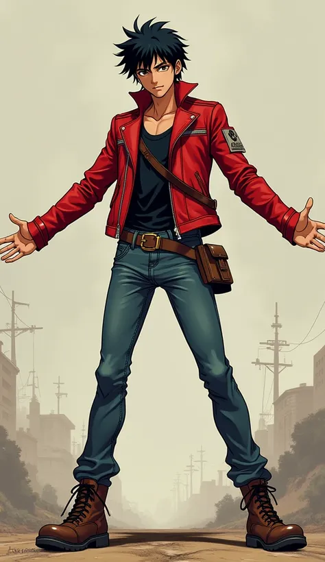 A young man, wearing a red leather jacket, jeans, simple boots, short spike black hair, clean-shaven, in a classic pose known as the " crucifix position ". Garou Densetsu Wild Ambition anime style