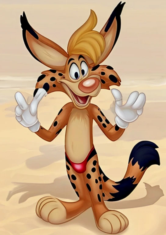 Lynx cartoon guy full length slim skinny in tight speedo on the beach with a happy face striped tail