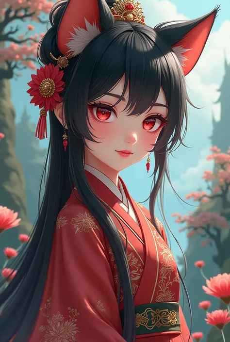 Black-haired red-eyed girl with cat's ears and tail dressed as anime Chinese royalty