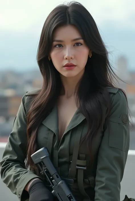 A beaufiful, sexy, seductive, female soldier, full combat uniform, facial mix of persian and japanese woman,18 yo, firing a sniper gun, on the building rooftop, ((masterpiece, highest quality, Highest image quality, High resolution, photorealistic, Raw pho...