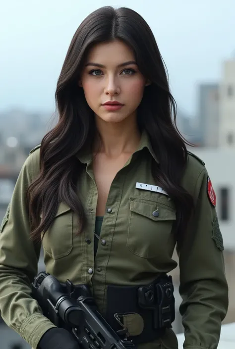 A beaufiful, sexy, seductive, female soldier, full combat uniform, facial mix of persian and japanese woman,18 yo, firing a sniper gun, on the building rooftop, ((masterpiece, highest quality, Highest image quality, High resolution, photorealistic, Raw pho...