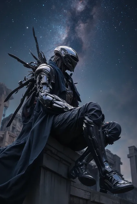 A man wearing protective clothing Originating from the Middle Ages  in the midst of zombie chaos, the man sits on a building so elegantly, he looks up at the sky with hope and sadness. The sky looks very beautiful filled with stars. The person is wearing a...