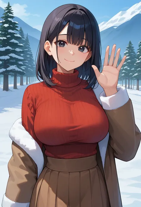 score_9, score_8_up, score_7_up, 1girl, winter, snowy landscape, red sweater, long black hair, chest, brown coat, brown skirt, closed mouth, coat, large breasts, snow, snow background, long sleeves, looking at viewer, medium hair, off the shoulder, blue ba...