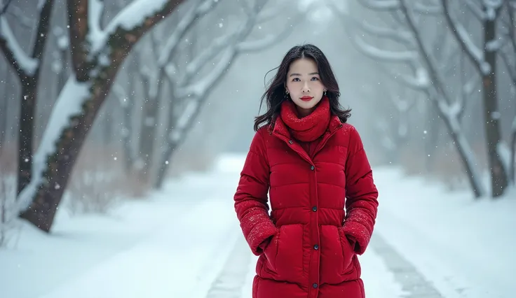   It shows a beautiful Korean woman in her 50s wearing a red down jacket .   Short Medium Length Hair . My chest is firm , clean skin, beautiful eyes ,Smart nose, sexy body, transcendent beauty, mature woman , A beautiful Korean woman in her 50s after heav...