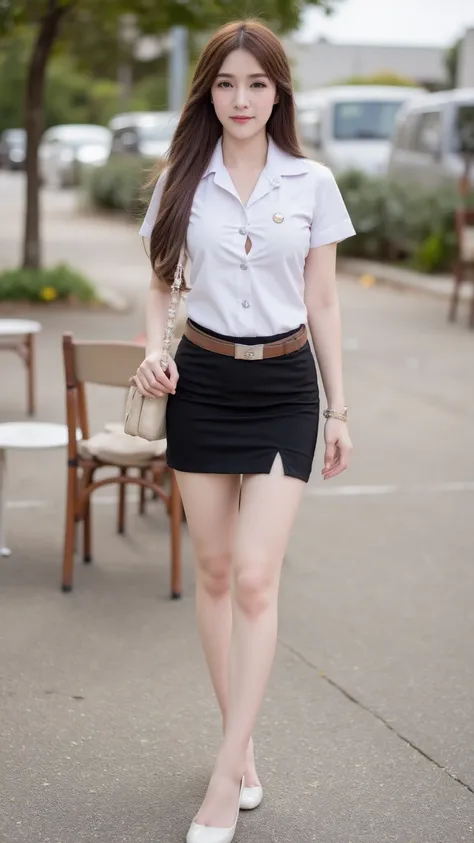  1 GIRL,  sexy white high heel,  mini pencil skirt ,   jewelry, smile, bag,  long hair , sexy straigh long hair,  Alone,  brown hair,  white high heel, silver belt buckle,  Cafe, white fit shirt, towards viewers ,  is standing,  full body, black pencil ski...