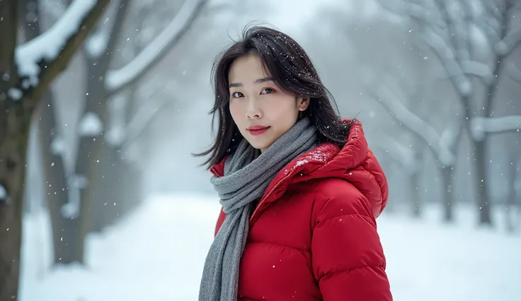   It shows a beautiful Korean woman in her 50s wearing a red down jacket .   Short Medium Length Hair . My chest is firm , clean skin, beautiful eyes ,Smart nose, sexy body, transcendent beauty, mature woman , A beautiful Korean woman in her 50s after heav...