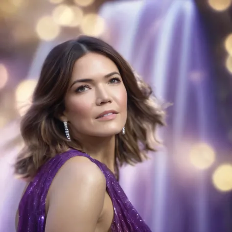 best quality, highres, 8k, masterpiece, photography, detailed midbody photorealistic portrait. Swirling around the pole at Purrfection Palace, Mandy Moore embodies regality and sophistication. Enveloped in purple silk, she exudes a mystical presence that l...