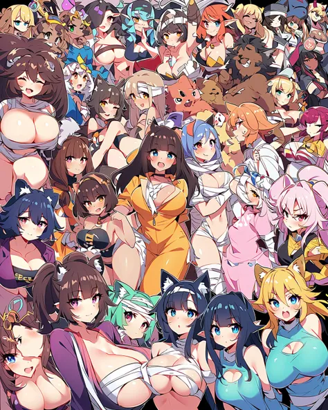 Score_9, score_8_up, score_7_up, score_6_up, source_Anime, high detailed, monster girls, plus-sized, Large breasts, curvy body, striped Prison Jumpsuit, background is a prison cell, striped Inmate jumpsuit, girls surronding, multiple Girls, they're all dif...