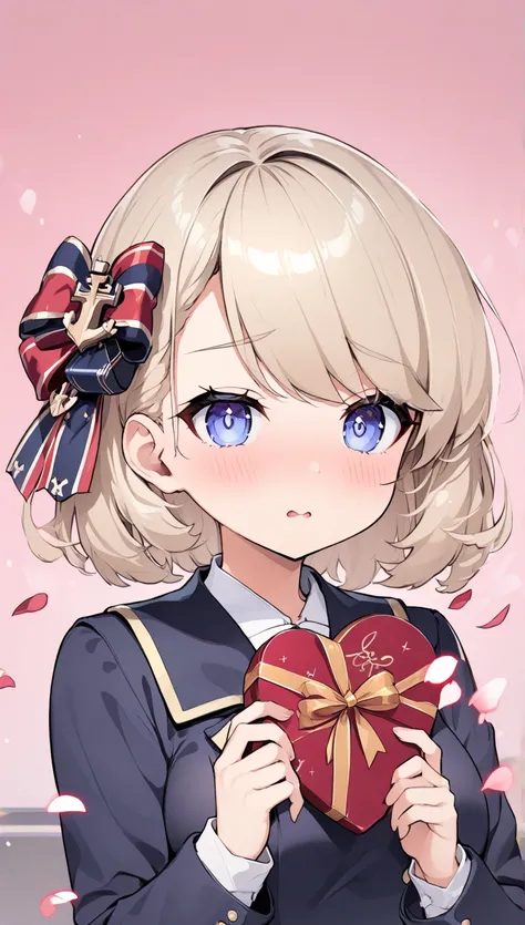 portrait、 Valentine、 pink background、 holding a box of wrapped chocolates in both hands、 girl 、 shameful expression 、school uniform, Navy blue blazer、 check skirt、petals effects、spoken heart、from front、Z23 \(azur lane\)