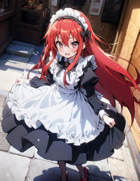 shana , long hair, Red Hair,  red eyes, stupid hair,smile,blush, open their mouths,Maid服,rib tights ,  black pantyhose ,  pin heels,black色ロングスカート,Maid head dress , Maid apron, Maid Dress,Maid, Maid outfit,black_ dress , hair shaking in the wind , long skir...
