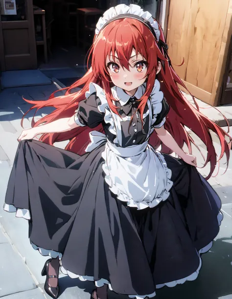 shana , long hair, Red Hair,  red eyes, stupid hair,smile,blush, open their mouths,Maid服,rib tights ,  black pantyhose ,  pin heels,black色ロングスカート,Maid head dress , Maid apron, Maid Dress,Maid, Maid outfit,black_ dress , hair shaking in the wind , long skir...