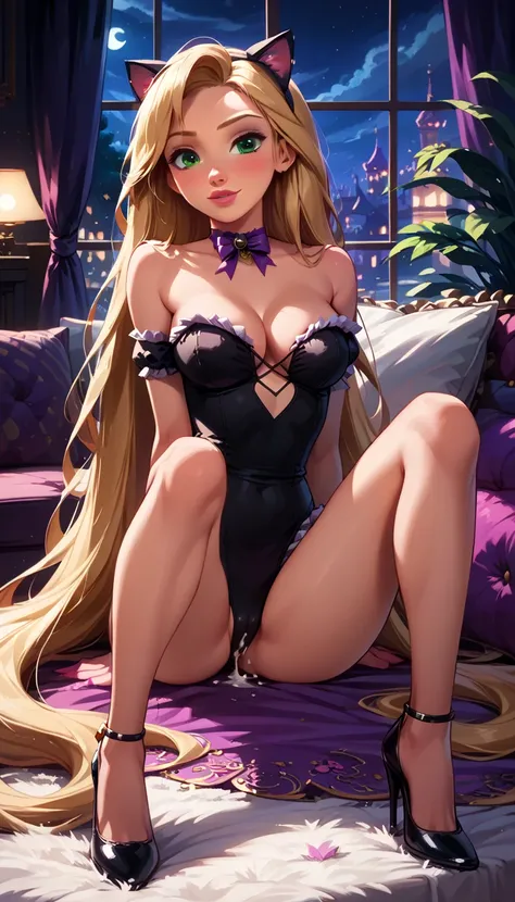 score_9, score_8_up, score_7_up, 1girl, solo, very sexy (rapunzel, blonde, long hair:1.4), wearing (sexy black cat costume, cleavage, exposed shoulders, exposed legs, exposed arms, high heels:1.5), confident, flirt, gaze, sexy look, cute smile, head tilt, ...