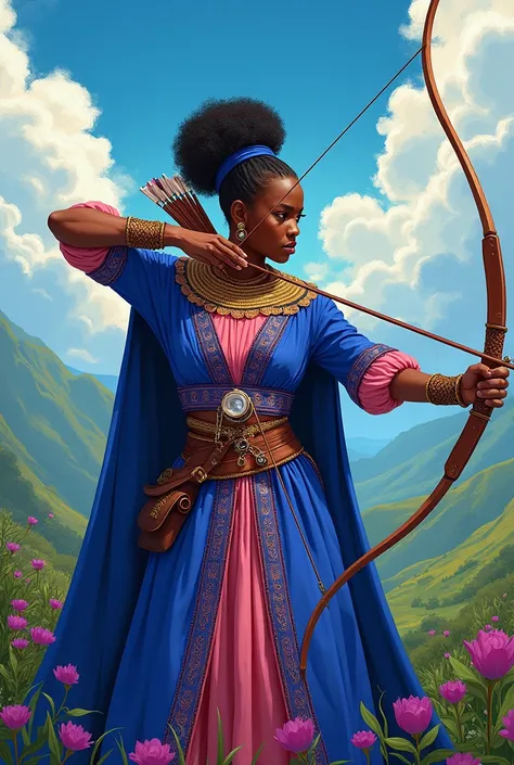 Create an image of an archer with royal blue and pink colors from the Yoruba culture