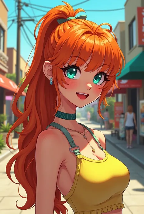 Young woman. Tanned skin, freckles. Bright turquoise eyes. Long wavy orange hair tied in a ponytail, has long wavy bangs that cover one of her eyes. Urban and street style clothing, main color palette of the wardrobe: orange, turquoise, pastel yellow and p...