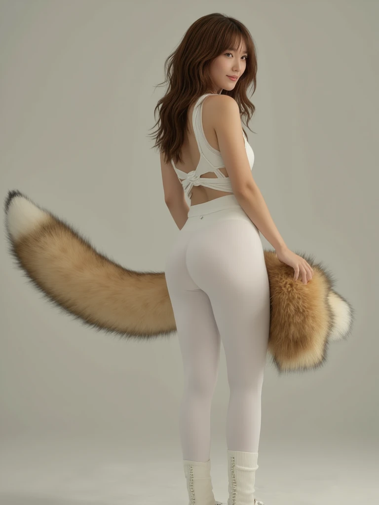 ((  top quality , 8k)), (( Juliet's sleeve 1 dumb haired girl)), ((  photorealistic)), (Masterpiece),  perfect face , ((Woman with fox ears )), ((That woman has a tail )), foxgirl, (Her tail is big  ), ( That beautiful woman is smiling), She's a college st...