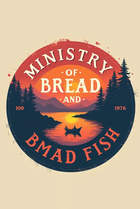 a logo in a circle that says Ministry of Bread and Fish with a background color of a sunset and in the center of the logo a small boat