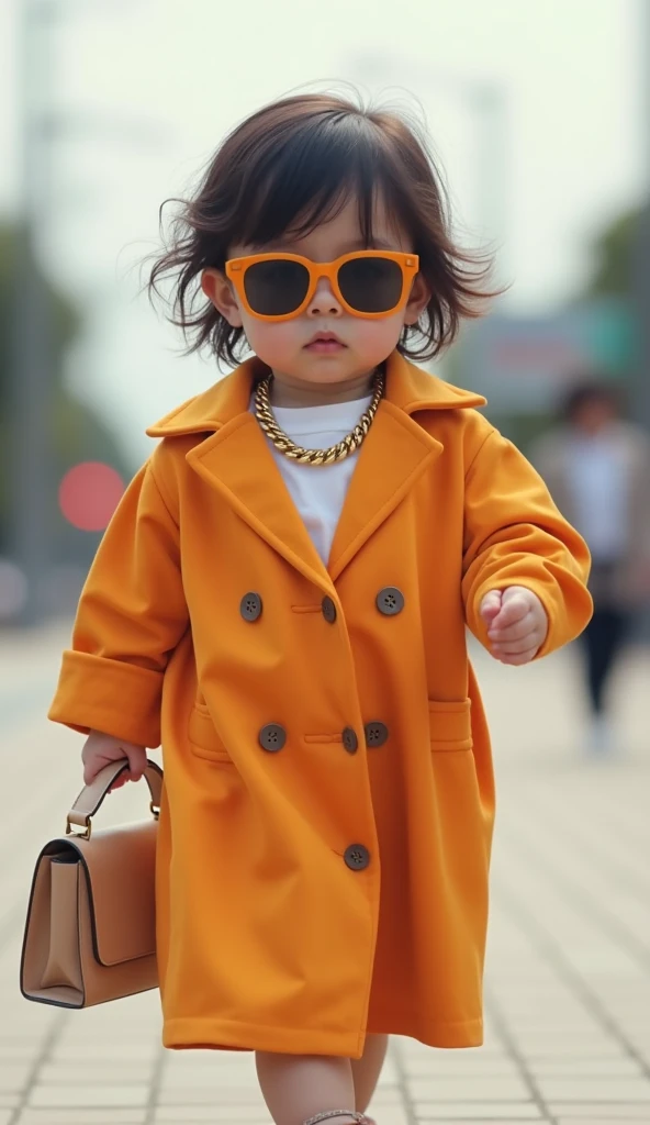 A stylish, chubby Japanese baby girl with fair skin, exuding glamour confidently walking in a Light orange color pent shirt coat dress paired with oversized short sunglasses and a chunky gold necklace. She carries a handbag, adding a chic and professional ...