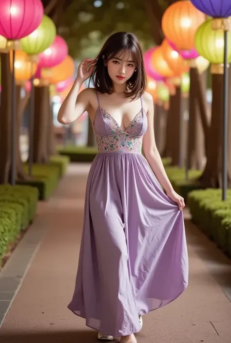 A magical three-quarter shot of a young woman walking along a pathway in a park illuminated by colorful paper lanterns. Her long black hair is styled in loose waves, with delicate strands framing her glowing face. She wears a flowing lavender maxi dress wi...