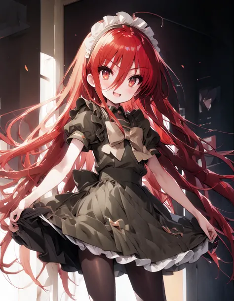 shana , long hair, Red Hair,  red eyes, stupid hair,smile,blush, open their mouths,Maid服,rib tights ,  black pantyhose ,  pin heels,black色ロングスカート,Maid head dress , Maid apron, Maid Dress,Maid, Maid outfit,black_ dress , hair shaking in the wind , long skir...