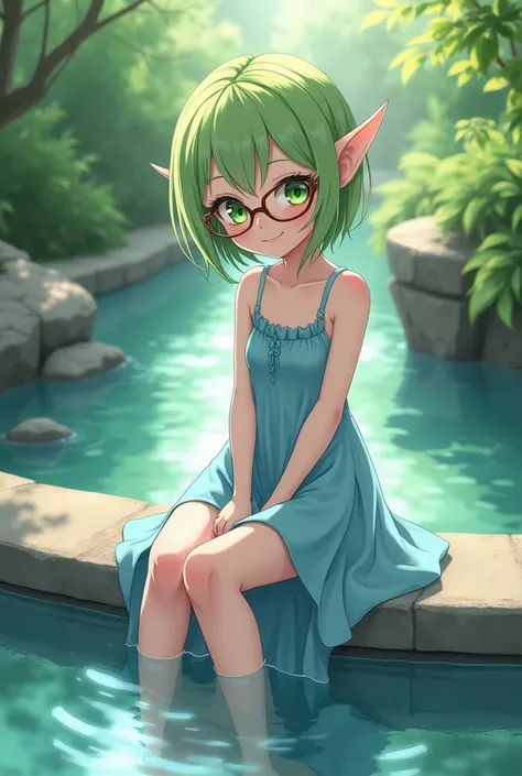 Full-body Elf, with short green hair and green eyes, with glasses and a simple blue dress, Sitting at a water fountain,  anime style