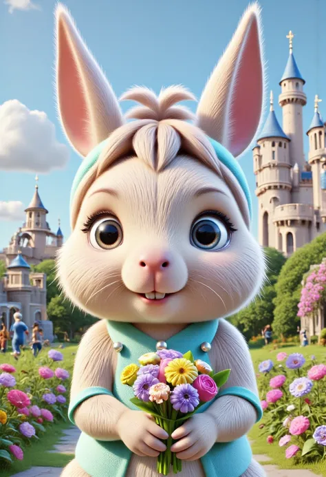 Design a pattern of a rabbit, featuring a cartoon depiction of the animal. The rabbit should be dressed in a tiffany blue outfit with a white pearl necklace, holding a bouquet of beautiful flowers in its hands. The color of the flowers should be different ...