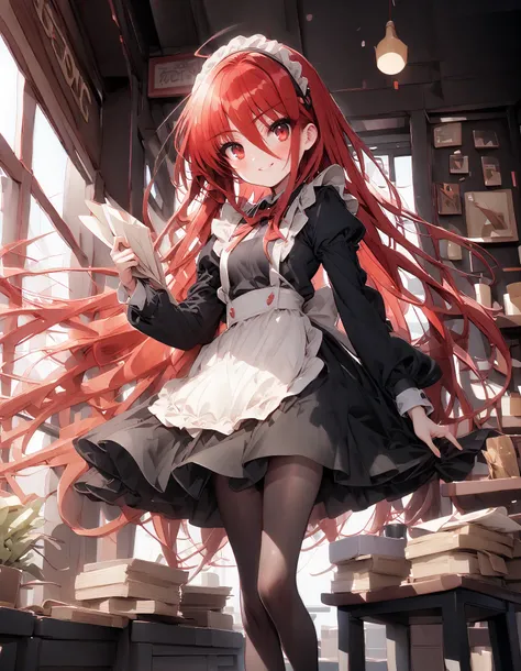 shana , long hair, Red Hair, red eyes, stupid hair,smile,blush, open their mouths,Maid服,rib tights , black pantyhose , pin heels,black色ロングスカート,Maid head dress , Maid apron, Maid Dress,Maid, Maid outfit,black_ dress , hair shaking in the wind , long skir...