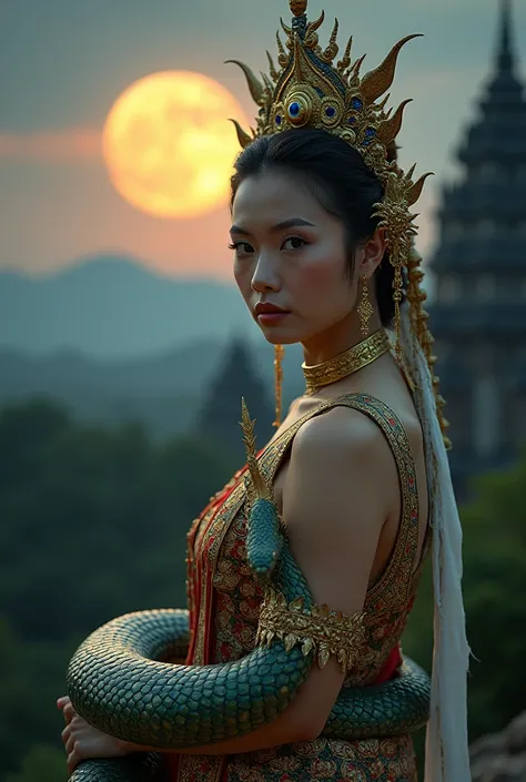 arafed woman in a traditional thai costume standing in a temple, sukhothai costume, traditional beauty, wearing an ornate outfit, traditional dress, tai costume, wearing ornate clothing, traditional tai costume, traditional clothes, traditional clothing, w...