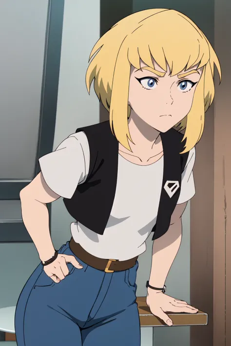 1 girl, Alone , Kara Zor-El, 1 girl, Alone ,  short hair, shirt,  closed mouth ,  collarbone, vest, thick eyebrows, open black vest, animification, ( coloring anime :1.2),  beautiful detailed eyes , jeans