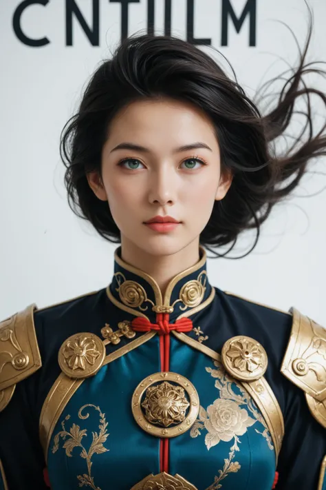 1 girl, heroine, handsome, splashed ink, Chinese armor, (upper body), black hair, floating hair, delicate eyes, black and green antique damask Hanfu, fov, (f1.8), (masterpiece), (portrait shot), front shot, white background, (movie poster), weapon