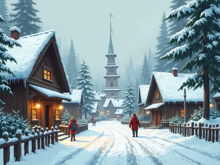 Country village under the snow  ,with fir trees, wooden barriers, And in the distance a bell tower  ,