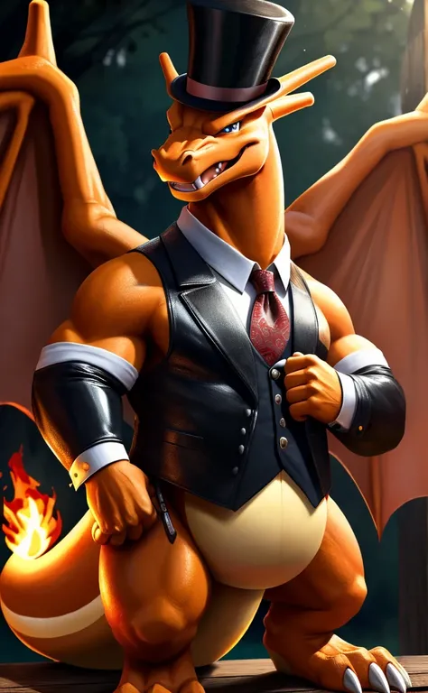 Solo, Male, fat, musclegut, obese, steampunk, 1920s gentleman, dapper Charizard, tilting head down, blue eyes, wearing a big leather collar around his neck, (soft shading), 4k, hi res, ((detailed face, detailed)), looking at viewer, evil grin, collared shi...