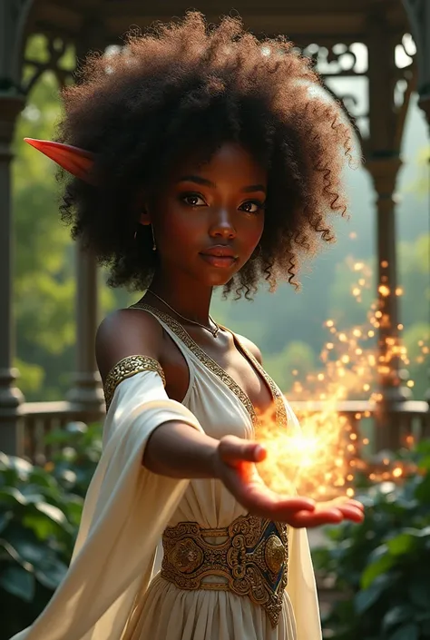 beautiful black elf, long curly afro,  in beautiful elven gazebo, brown hair, beautiful fantasy clothes, big elf ears, light eyes, wielding magic, close up