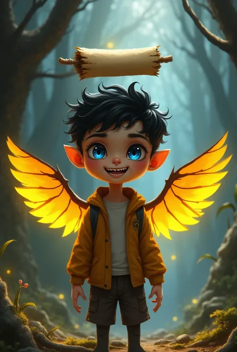 A story of an  boy who has a floating scroll on his head, sharp teeth, blue eyes with pointed pupils, yellow wings in the middle of his back. 