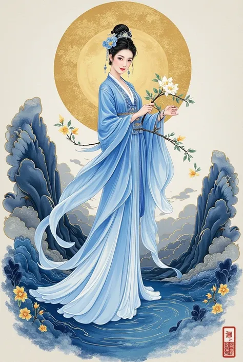 💖💖💋 beautiful illustration of the Water Goddess、 full body portrait 、blue and white porcelain dress、 fantasy elements from Chinese period movies、Images of beautiful famous actresses 、Chinese ink painting style and cloud pattern background、 masterpiece、Ink ...