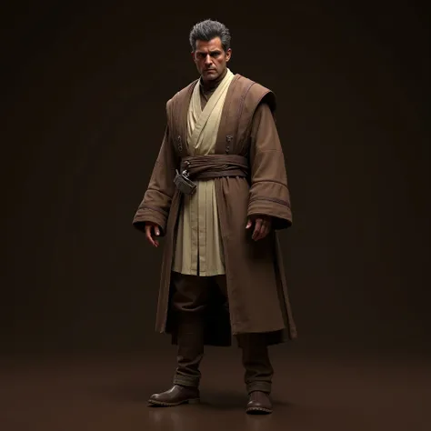  Recreates the character  "Cholar agent" from star wars. ((realista 4k)) What do you wear Jedi robes.  That he wears pants. What a look at brown boots. That it is standing. With dark brown background.