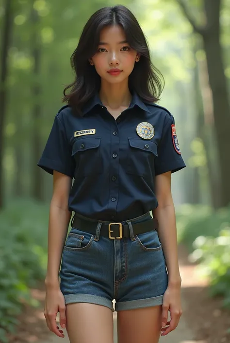 a cute woman from thailand with  short security guard suit  .  whole body .front. good curve.  realistic beautiful girl.forest.her face like reference picture. legs appear.   masterpiece.pretty. 20 year old. short jean.