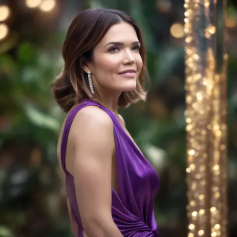 best quality, highres, 8k, masterpiece, photography, detailed midbody photorealistic portrait. Swirling around the pole at Purrfection Palace, Mandy Moore embodies regality and sophistication. Enveloped in purple silk, she exudes a mystical presence that l...