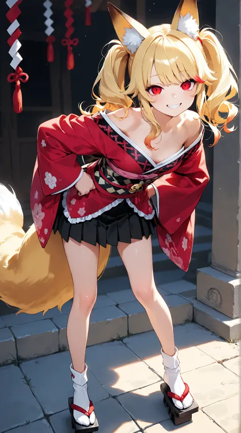  1 young  in the palace,  bewitching smile in AKB48 costume,  small breasts,  best quality,  Great Quality， soft light ，Fox Ears，Fox Tail， long shiny golden hair， Twin Tails，Narrow eyes，Sharp Eye， red eyes，Eyes with highlights， the shoulder is in a disheve...