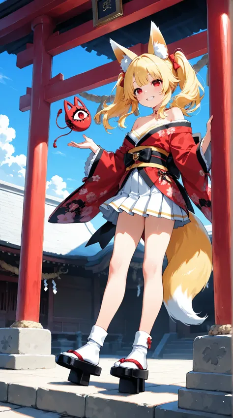  1 young  in the palace,  bewitching smile in AKB48 costume,  small breasts,  best quality,  Great Quality， soft light ，Fox Ears，Fox Tail， long shiny golden hair， Twin Tails，Narrow eyes，Sharp Eye， red eyes，Eyes with highlights， the shoulder is in a disheve...