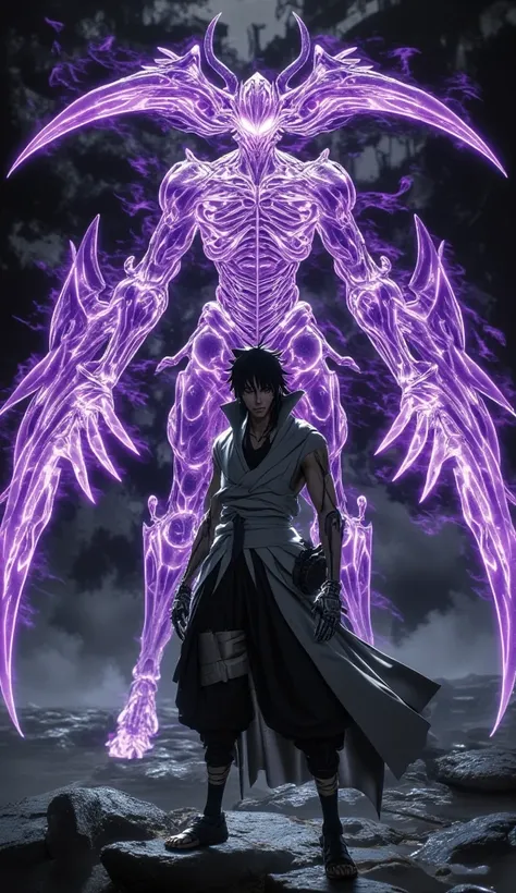 Sasuke Uchiha: A brooding figure with sharp, angular features and jet-black hair, his red and black Rinnegan and Sharingan eyes piercing through the chaos. Beside him is his Perfect Susanoo, a towering, spectral humanoid with sharp, intricate purple armor ...